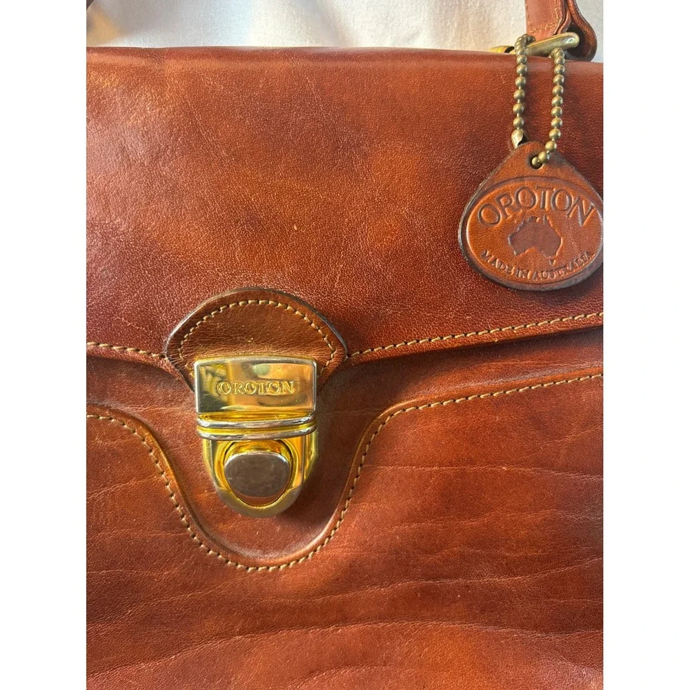 Oroton Vintage Brown Leather Top Handle Satchel Bag Made in Australia Cognac